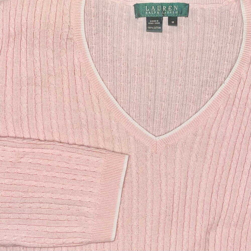 Lauren Ralph Lauren Pink & White Cable Knit V-Neck Medium Sweater Good Condition - Picture 3 of 4